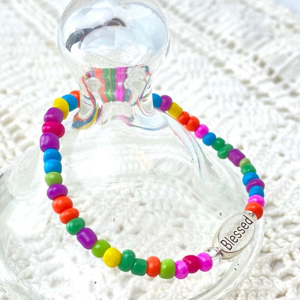 Child BLESSED Charm Stretch Bracelet Colorful